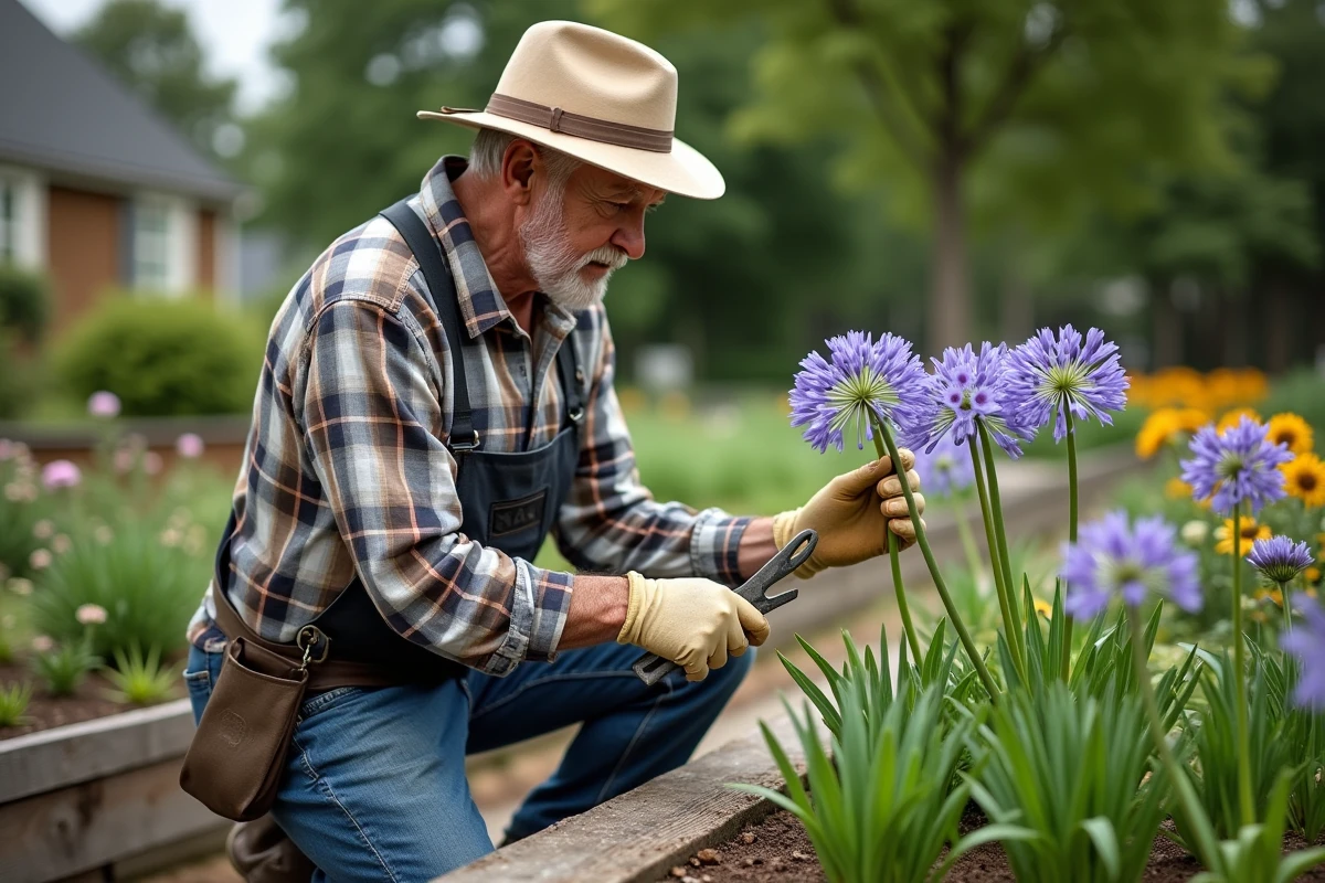 Homme âgé coupant maladroitement des agapanthes