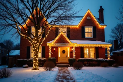 Façade de maison décorée de guirlandes lumineuses de Noël mal assorties avec des températures de couleur incohérentes et des câbles visibles sur la pelouse enneigée