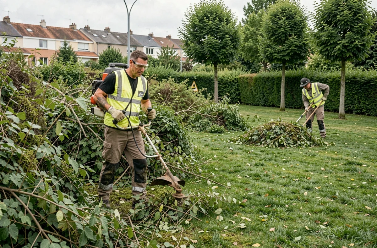 Ouvrier d'Espaces Verts 92 réalisant un débroussaillage dans un espace vert des Hauts-de-Seine