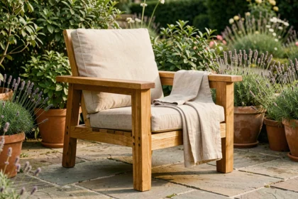 Fauteuil de jardin en teck massif avec larges accoudoirs plats, posé sur une terrasse en pierre naturelle entourée de plantes vertes et de lavande en pot