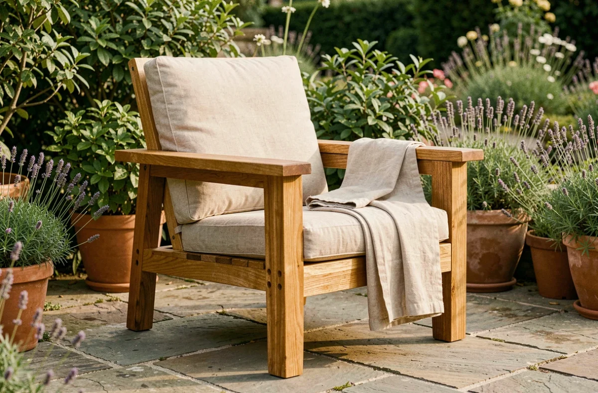 Fauteuil de jardin en teck massif avec larges accoudoirs plats, posé sur une terrasse en pierre naturelle entourée de plantes vertes et de lavande en pot