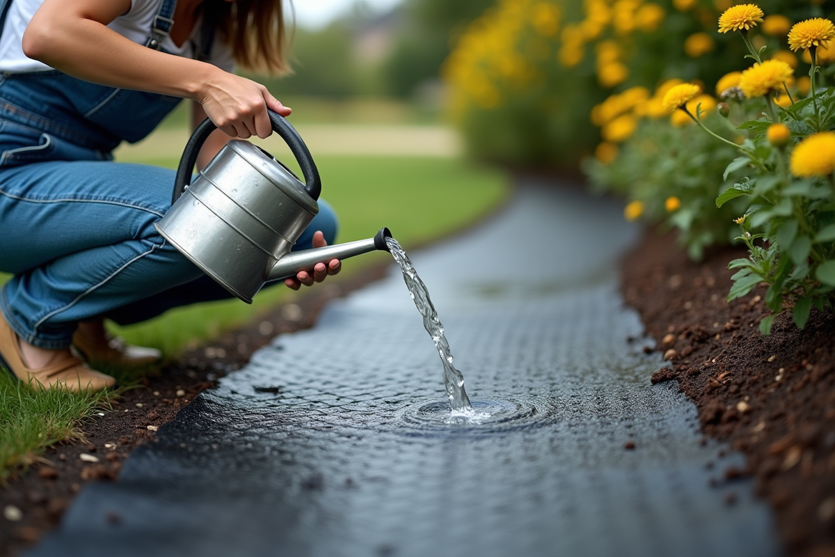 Jeune femme arrosant un tissu de paillage dans le jardin