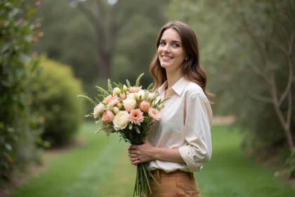 Femme tenant un bouquet de waxflowers dans un jardin australien