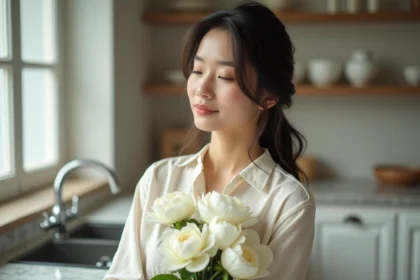 Femme tenant un bouquet de fleurs blanches symbolisant la pureté et la sérénité dans une cuisine lumineuse