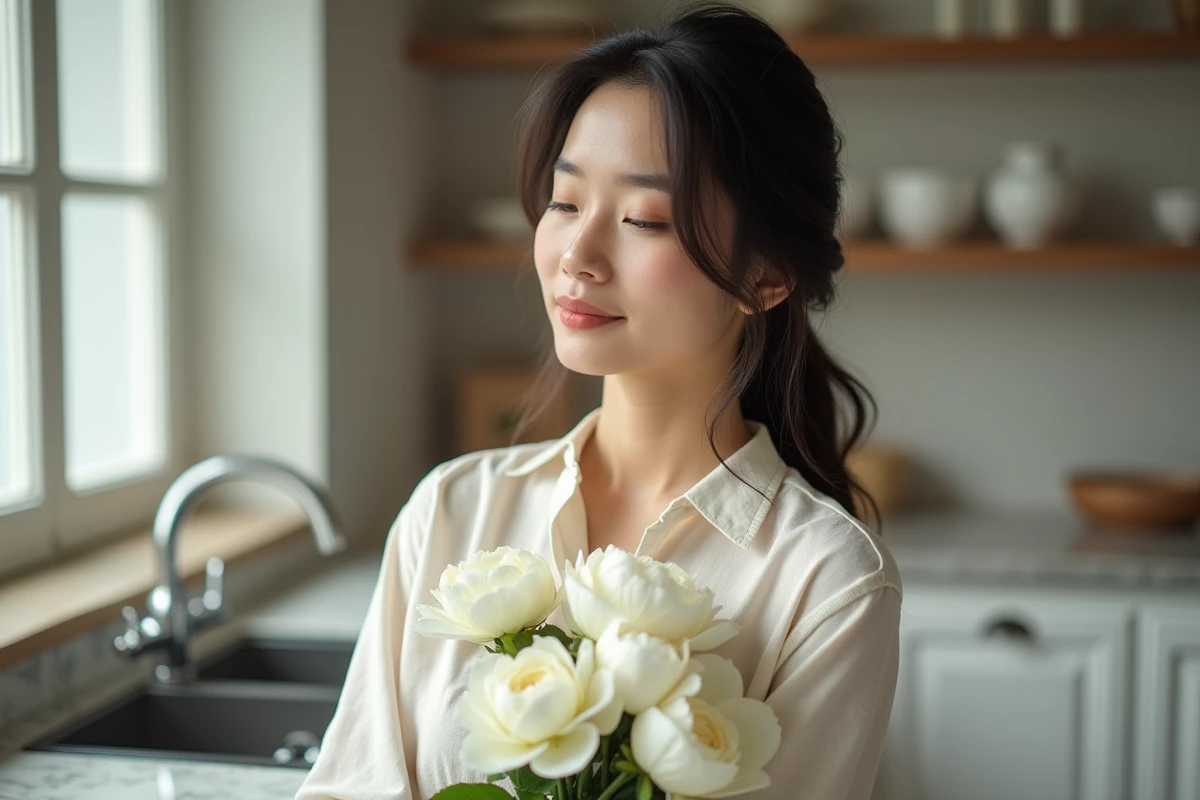 Femme tenant un bouquet de fleurs blanches symbolisant la pureté et la sérénité dans une cuisine lumineuse
