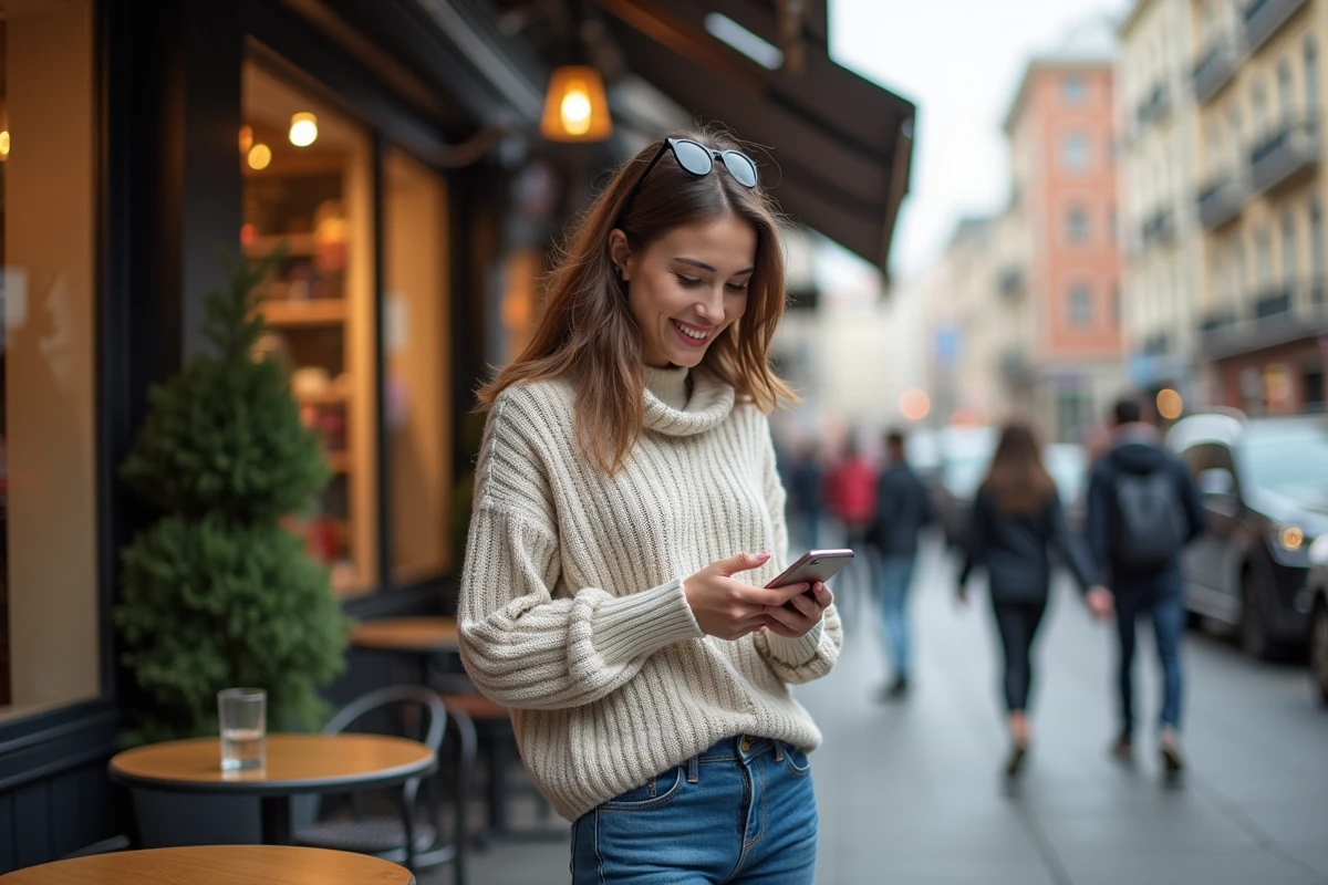 Femme au café regardant son smartphone avec un sourire réfléchi