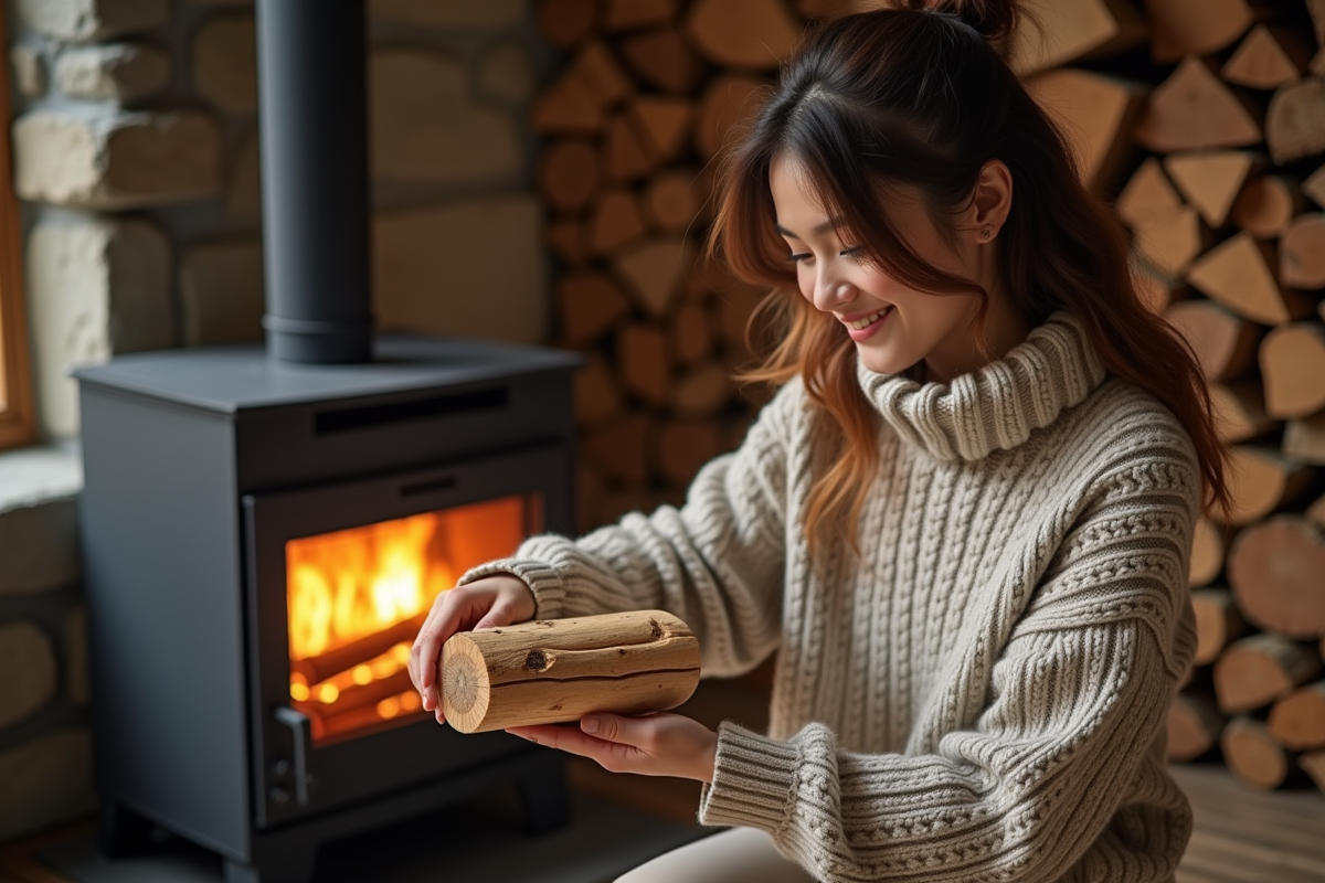 Jeune femme déposant du bois de paulownia dans une cheminée intérieure