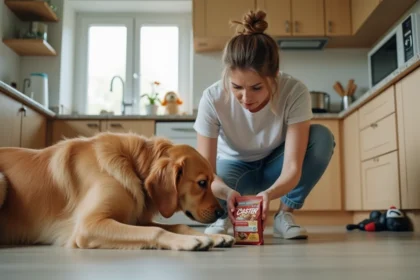 Femme inquiète inspectant un sac de castor cake avec son chien