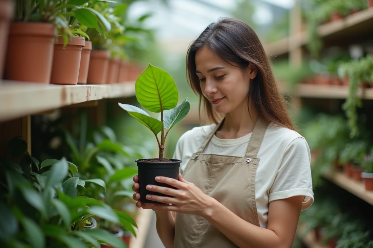 Femme inspectant un jeune plant de ceriman en pot dans un centre jardinerie avant de l'acheter