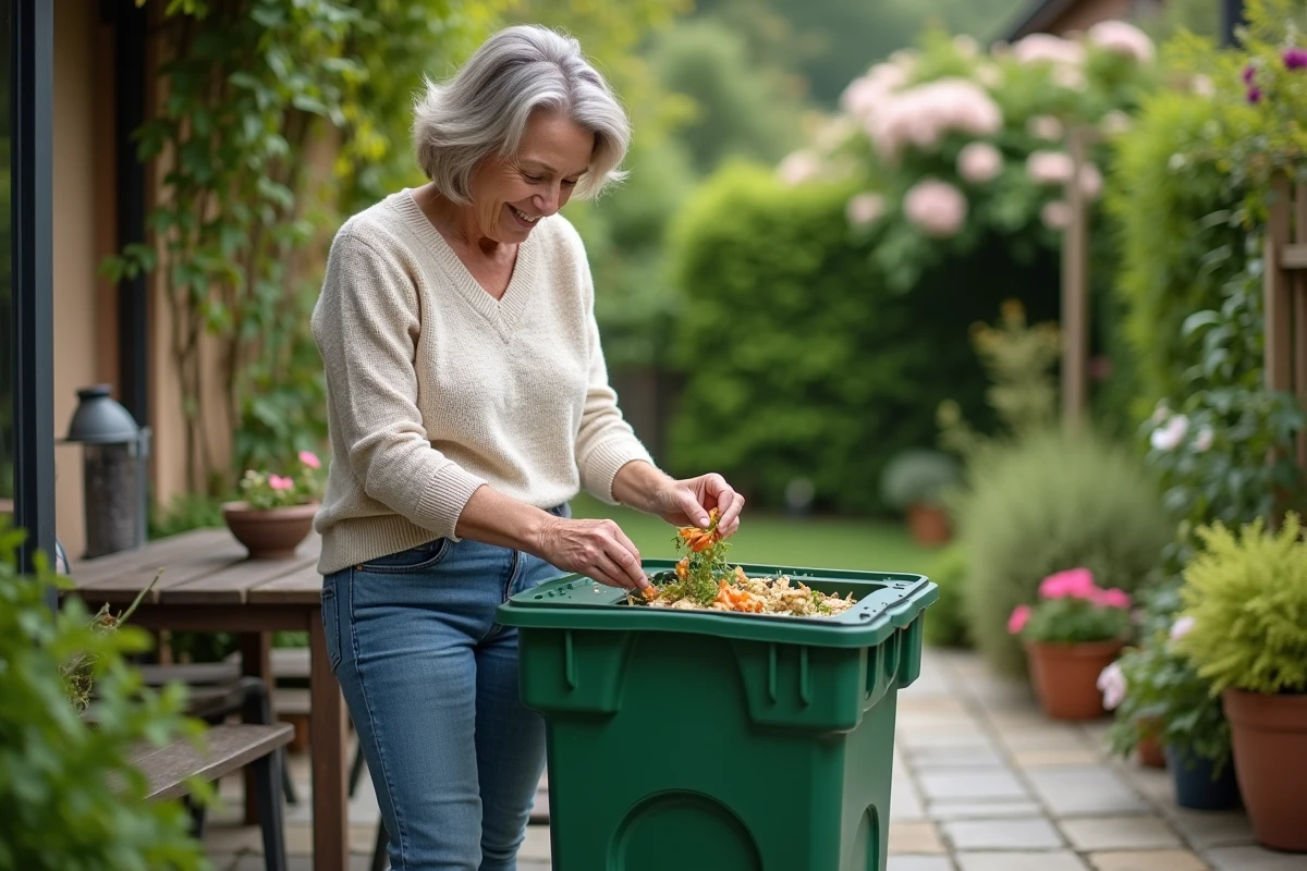 Femme ajoutant des déchets de cuisine au composteur dans son jardin