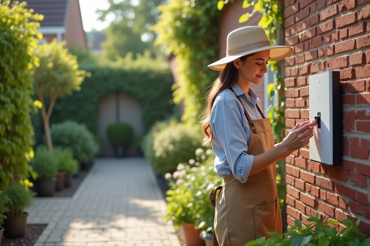 Femme avec chapeau vérifiant un filtre sur un contrôleur de jardin