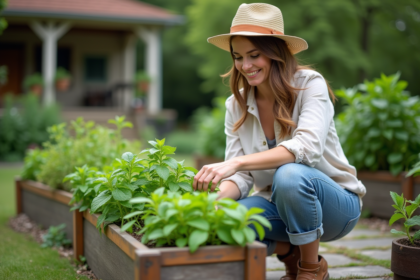 Femme récoltant de la menthe dans un jardin verdoyant