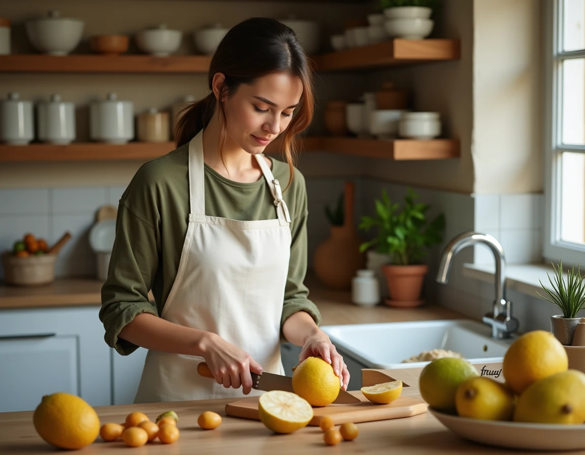 Femme dans une cuisine française découpant un jackfruit avec une fiche vocabulaire sur les fruits en J