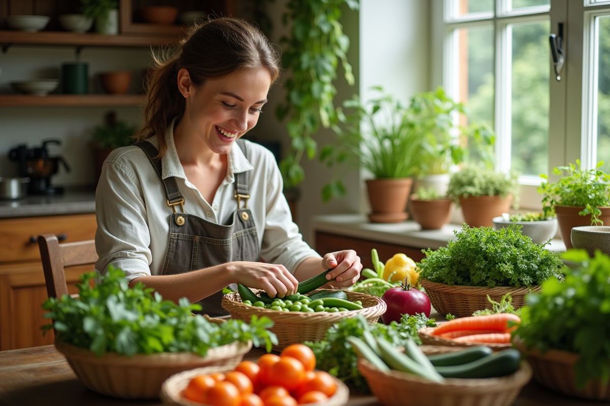 Femme triant des légumes dans la cuisine en intérieur