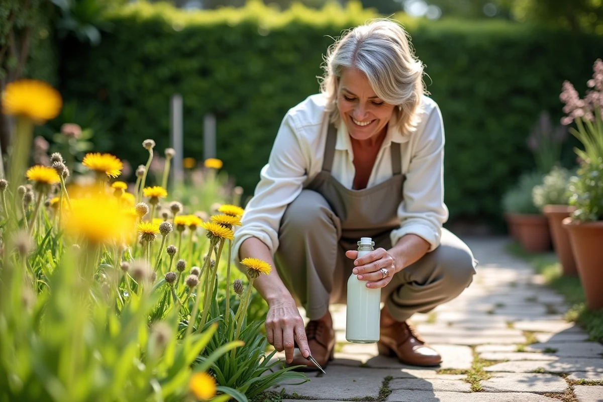 Femme utilisant du vinaigre blanc dans un pulvérisateur pour désherber les fissures d'un chemin en pierre au jardin