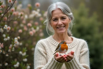 Femme en pull doux tenant un rouge-gorge sur la main
