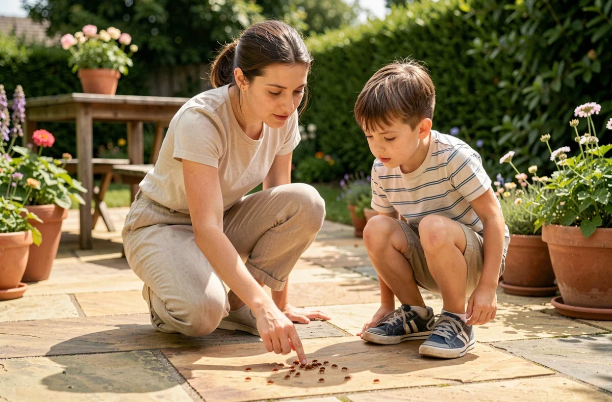 Une femme et un enfant observant avec curiosité de petites bêtes rouges sur des dalles de jardin ensoleillées, questionnant leur danger pour les enfants