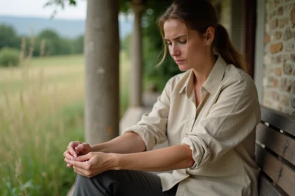 Femme examinant une petite rougeur sur son avant-bras après une balade en campagne, assise sur un banc en bois devant une ferme
