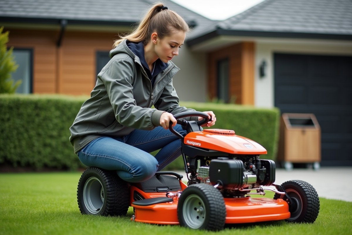 Jeune femme vérifie un moteur de tondeuse dans le jardin