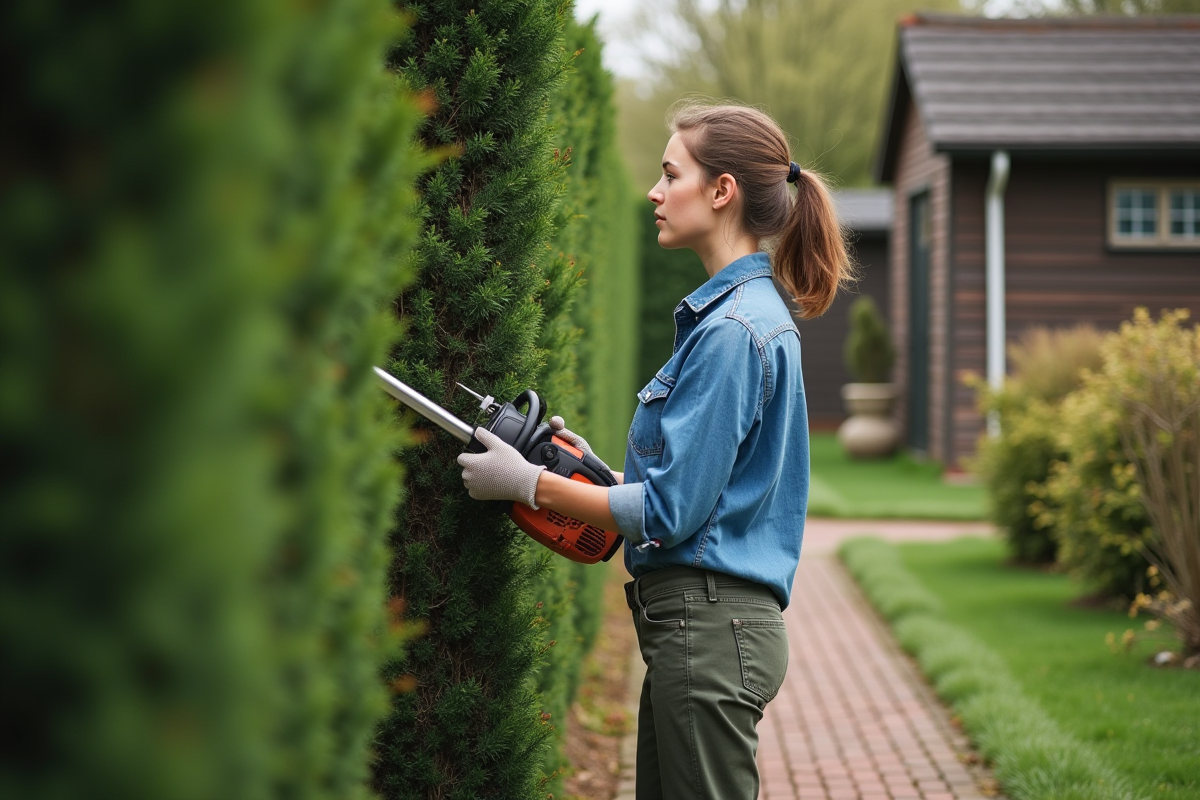 Jeune femme évaluant une haie surdimensionnee dans un jardin rural