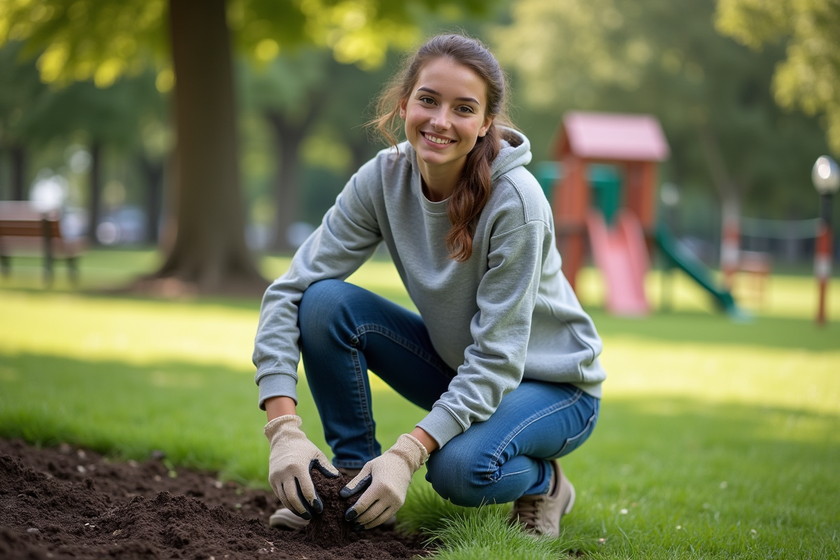 Jeune femme en jeans inspectant le sol après l
