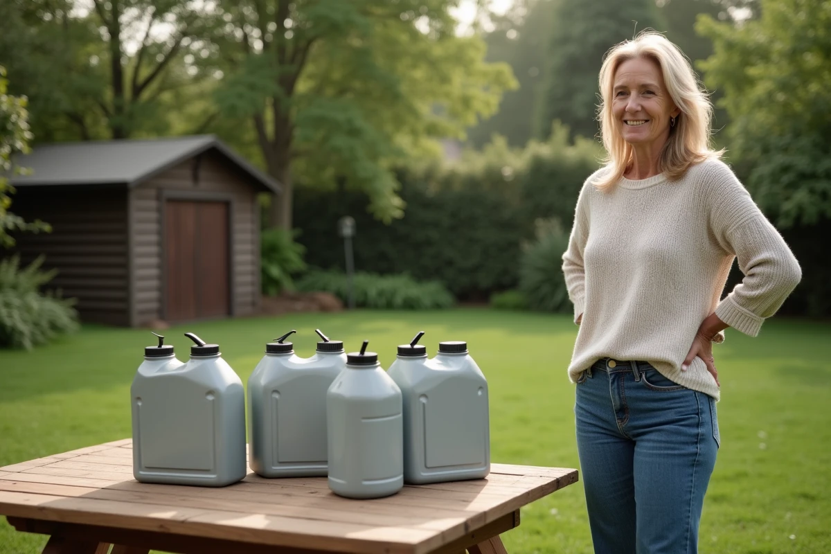 Femme dans son jardin avec des contenants de pesticides scellés
