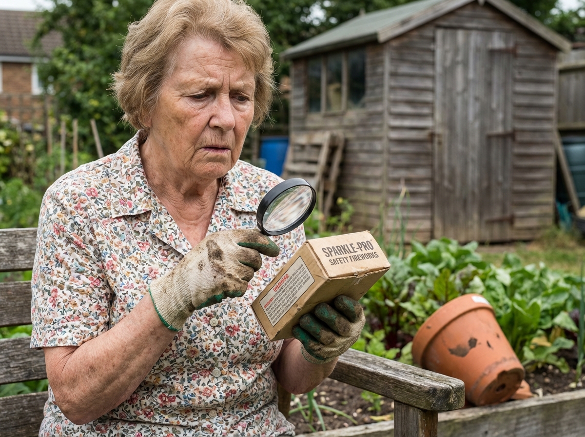 Femme âgée lit attentivement une boîte de feux d