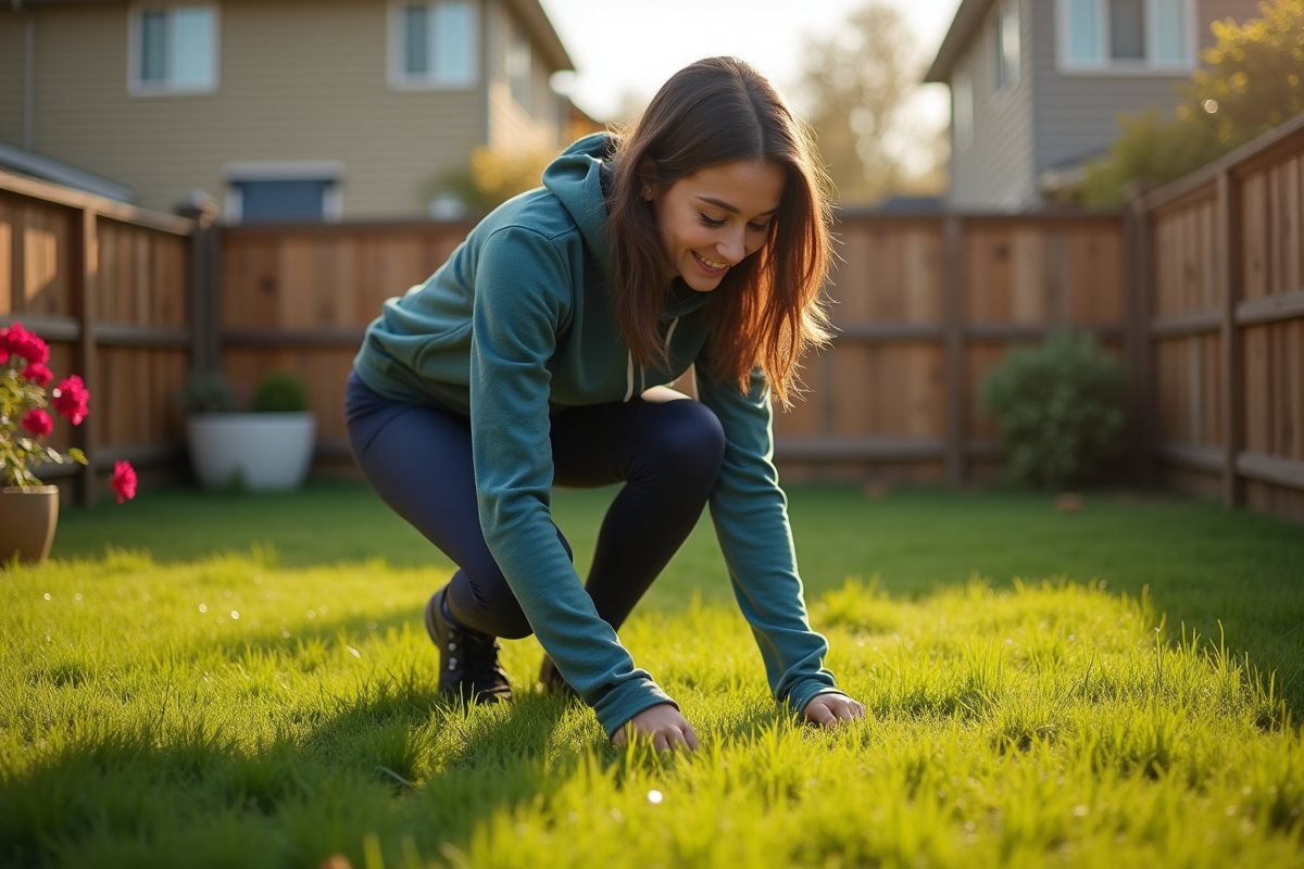 Jeune femme dans un jardin matinal examinant l