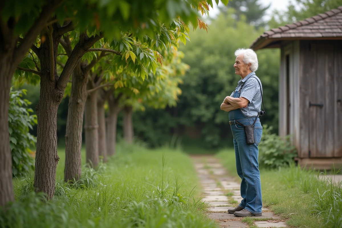 Femme regardant des mûriers malades dans son jardin