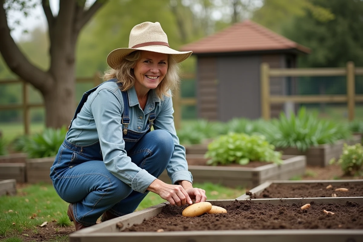 Femme en salopette dans un jardin potager en pleine terre