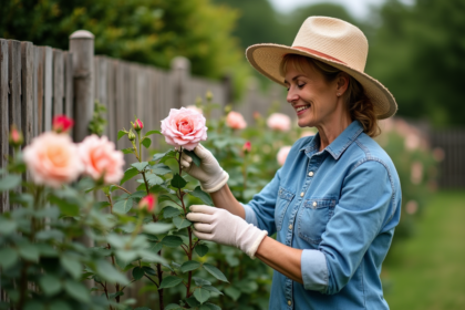 Femme en chapeau de paille et gants prune des roses