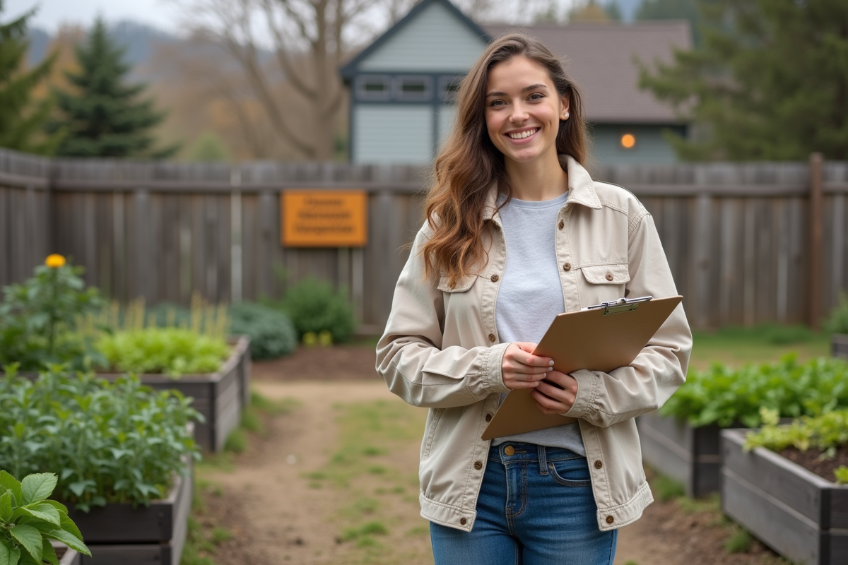 Jeune femme dans un jardin communautaire avec un carnet en main