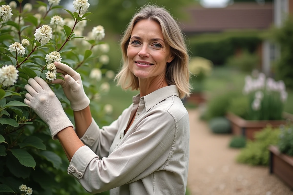 Femme jardinant un arbuste fleuri blanc au printemps dans un jardin de campagne élégant