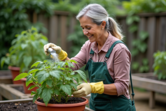 Femme en jardinage saupoudrant du bicarbonate sur des tomates