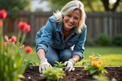 Femme souriante plantant des fleurs dans le jardin