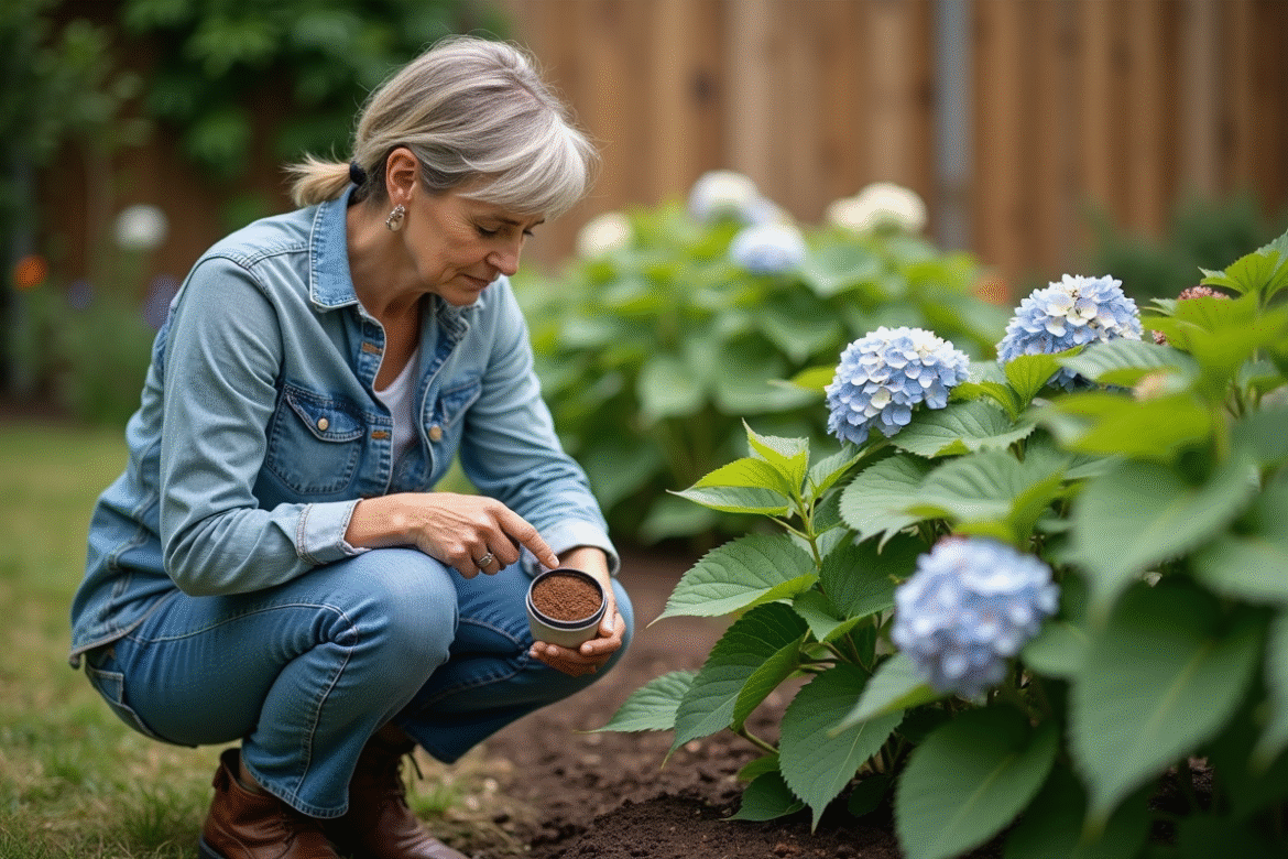 Femme en jardinage examine hydrangeas fanés