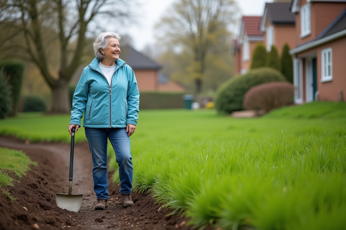 Femme fière devant sa nouvelle pelouse en croissance