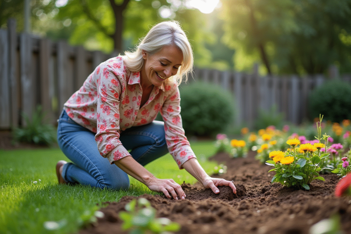 Femme plantant des perenes dans son jardin en plein air