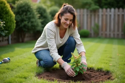 Femme d'âge moyen plantant un rhododendron dans le jardin