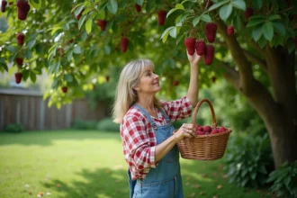 Femme cueillant des mûres dans un jardin verdoyant