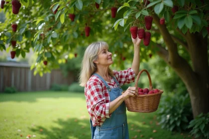 Femme cueillant des mûres dans un jardin verdoyant
