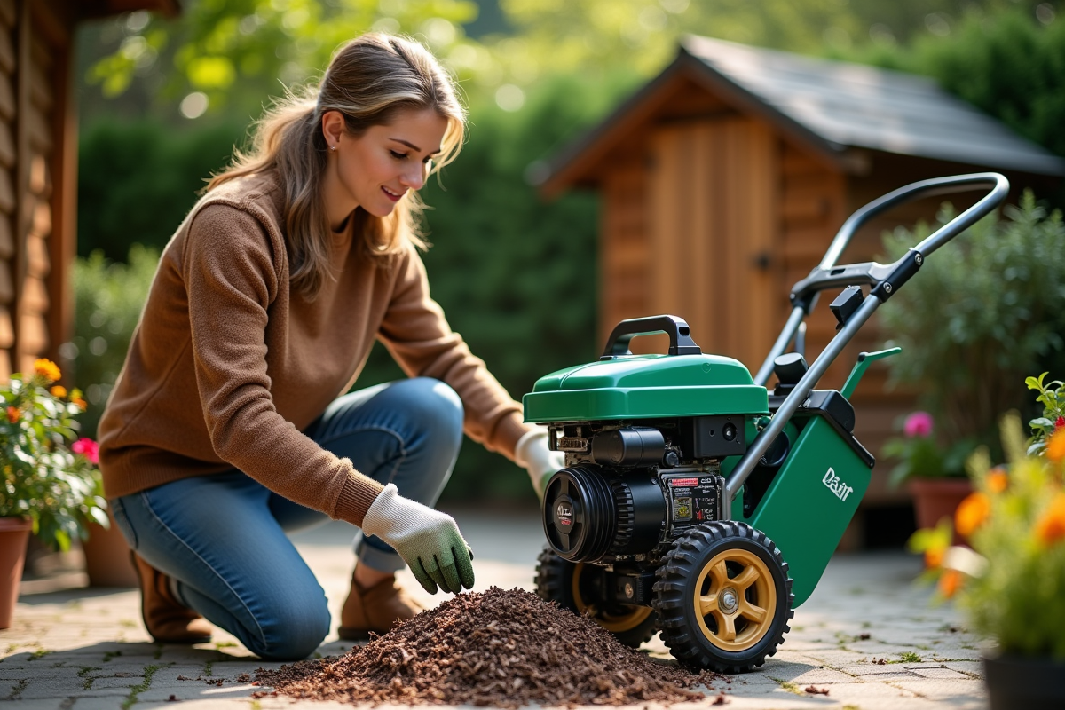 Femme examinant du paillis fraîchement broyé à côté d