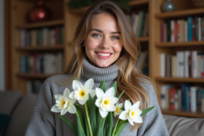 Femme souriante tenant un bouquet de narcisses blancs dans un intérieur chaleureux