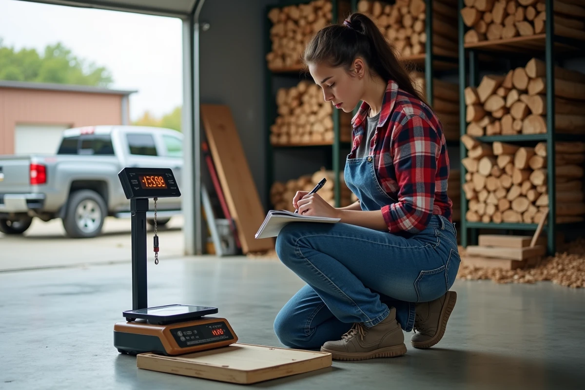 Jeune femme notant le poids du bois dans un garage