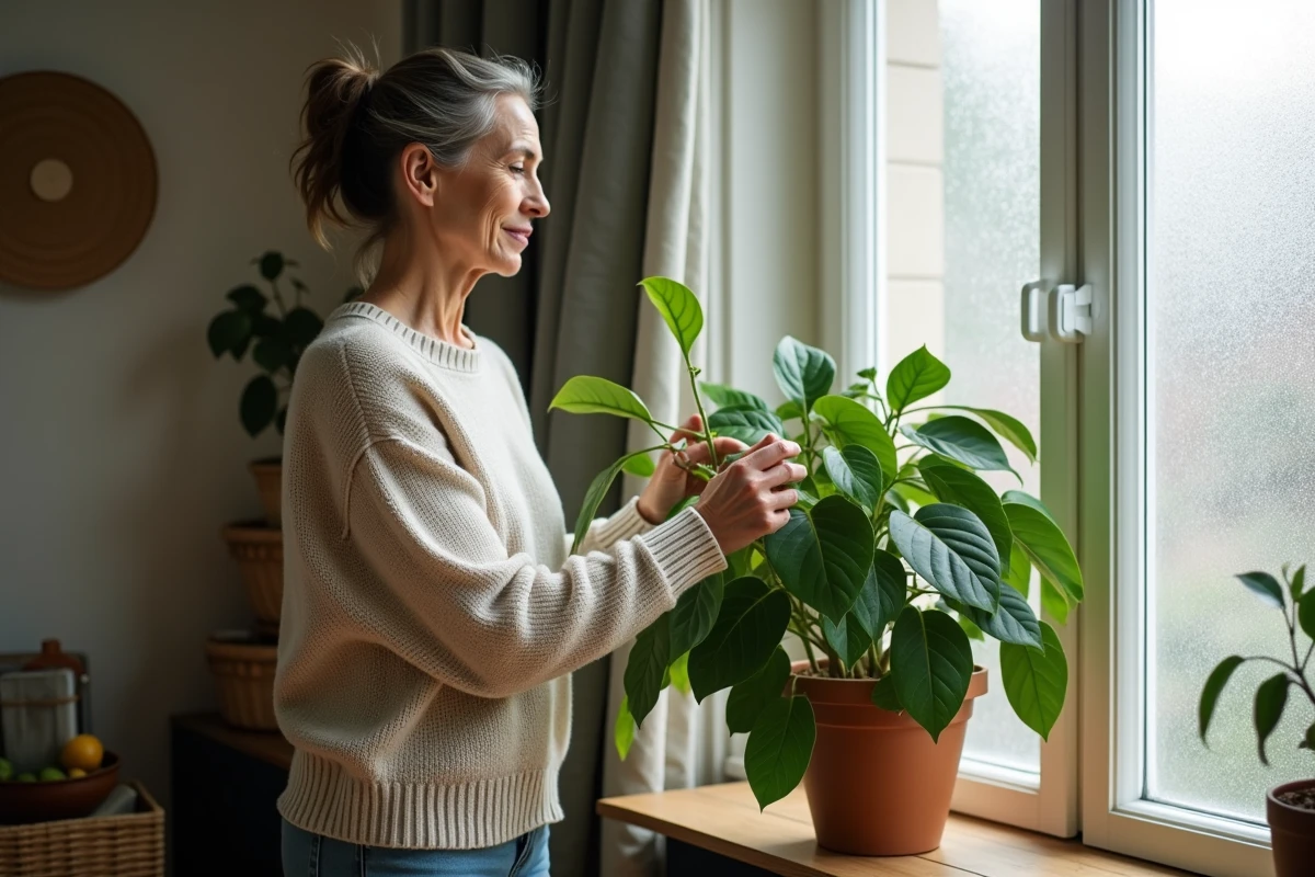 Femme en pull doux arrosant un ficus dans un intérieur chaleureux