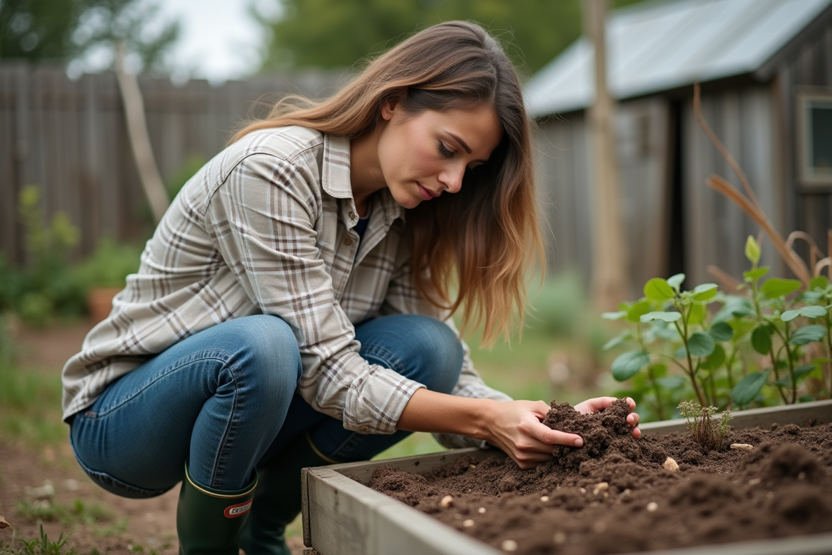 Femme examinant la terre dans un jardin avec outils et clôture en arrière-plan