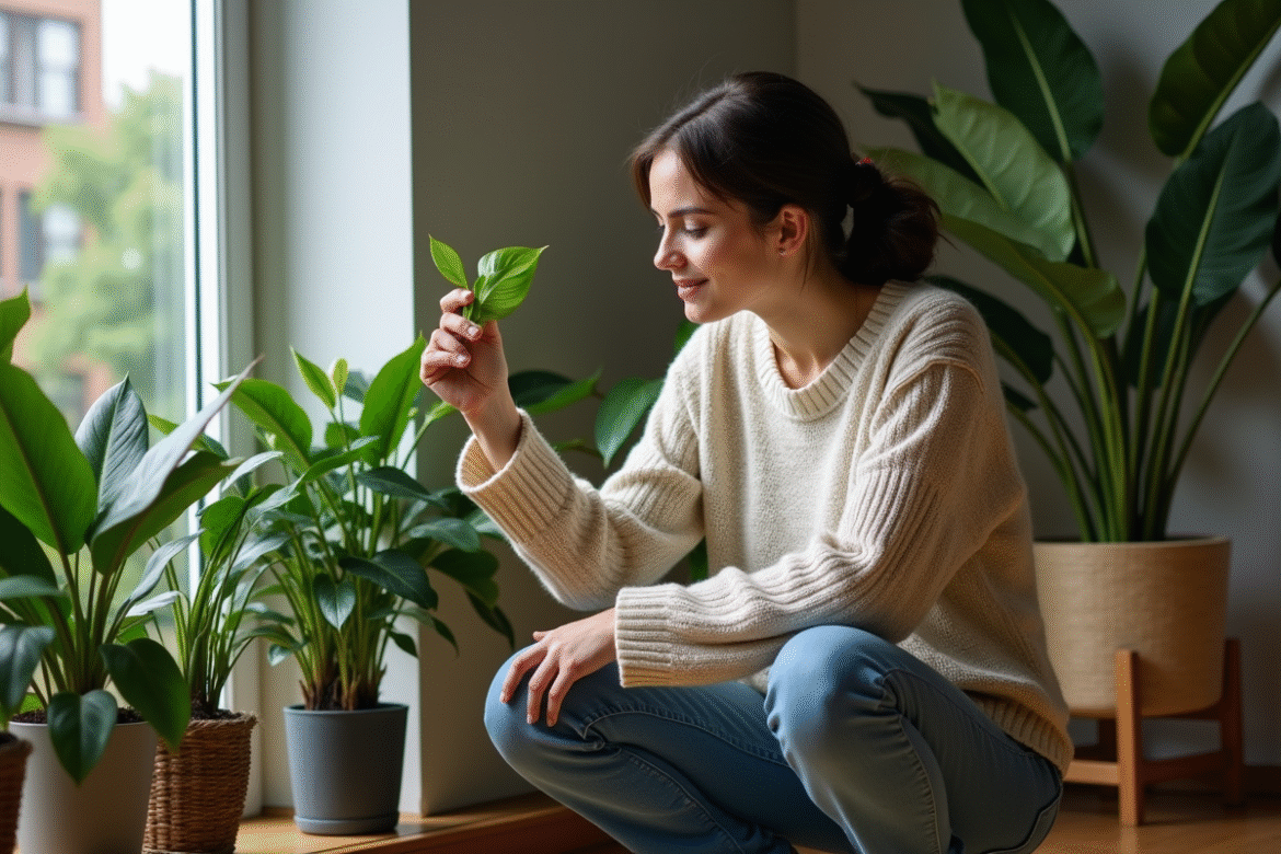 Jeune femme avec plantes d interieur dans un salon moderne
