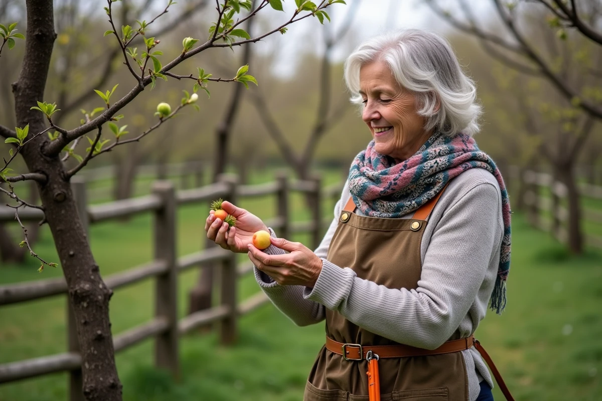 Femme âgée inspectant les bourgeons de pêcher au printemps