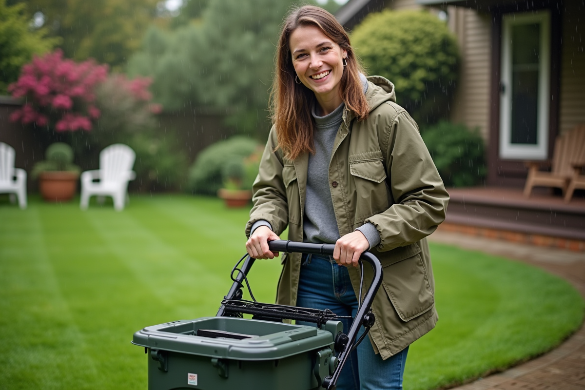 Femme souriante vidant un bac de tondeuse dans un compost dans un jardin humide