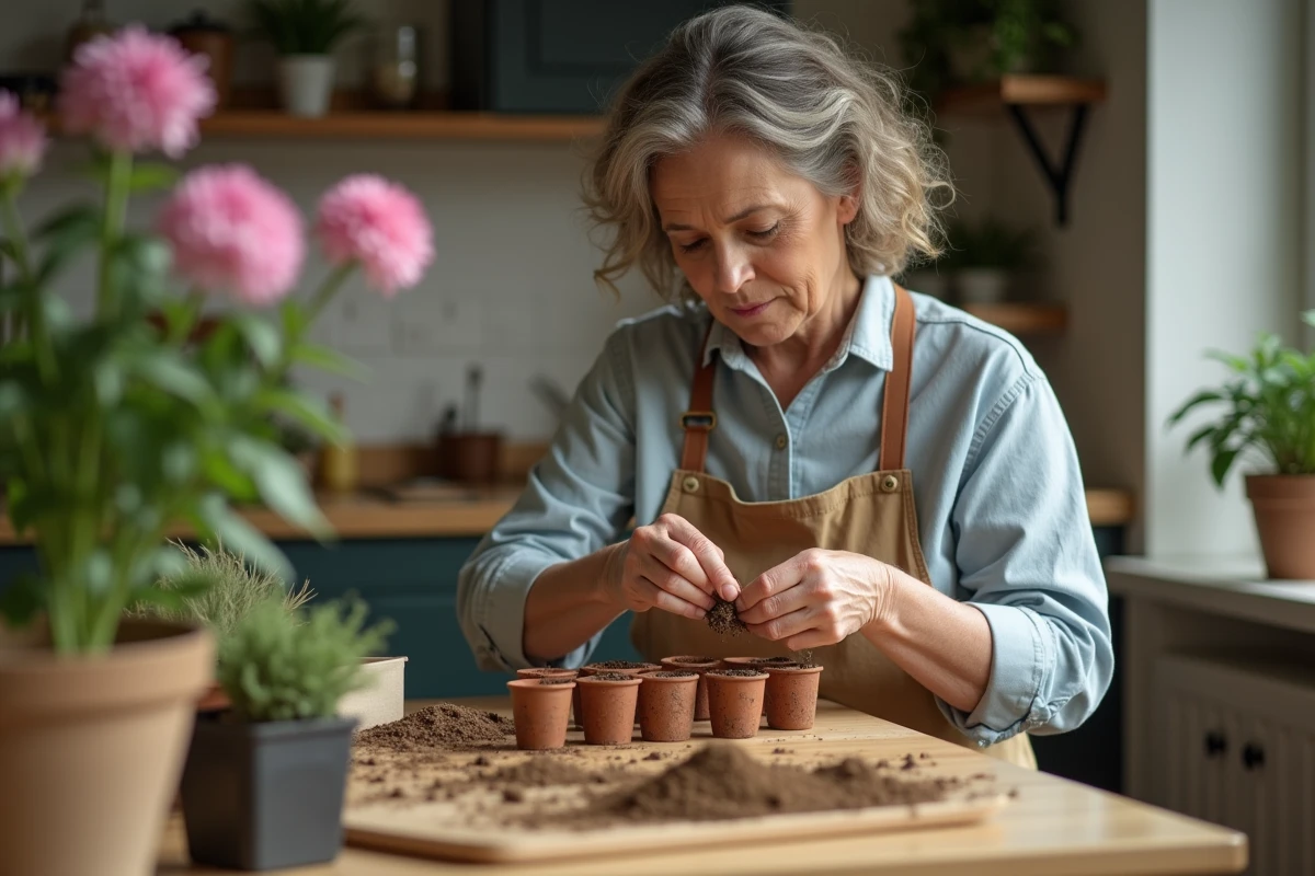 Femme en vêtements de jardinage semant des graines de lisianthus dans un intérieur cosy